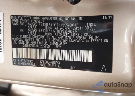 2012 Toyota Sienna Le V6 7 Passenger Auto Access Seat/Le V6 8 Passenger from USA, damaged, VIN 5TDKK3DC3CS205659